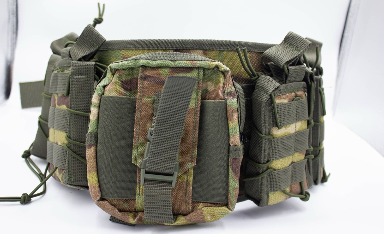 A camouflage load-bearing waist belt fitted with several utility pouches