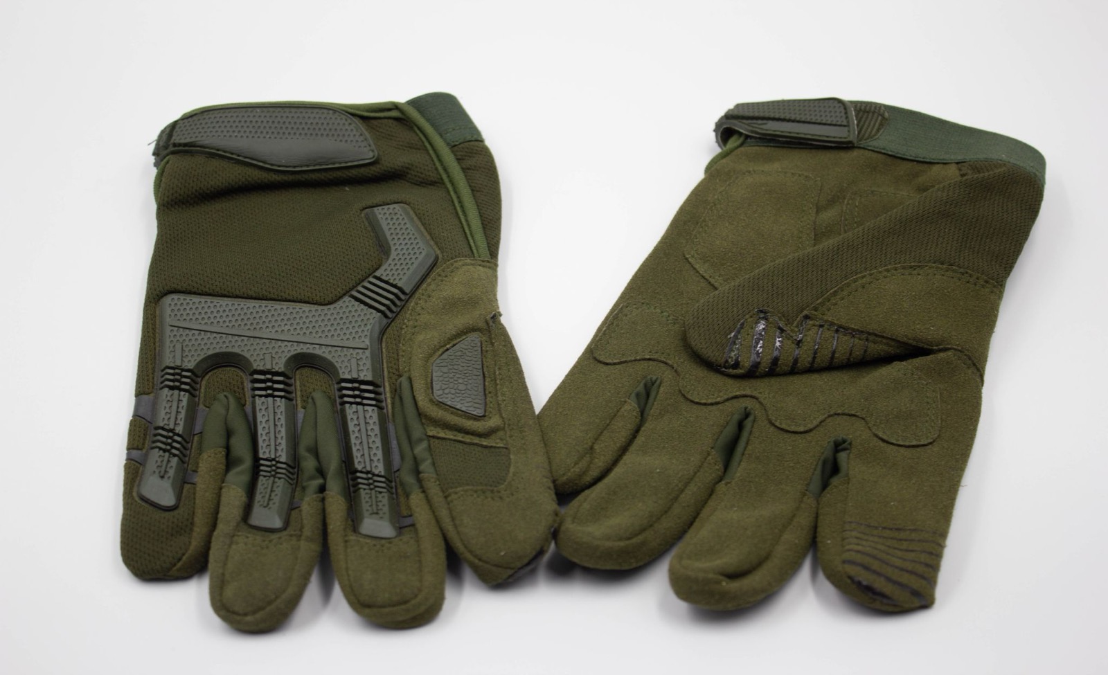 A pair of olive-green tactical gloves shown palm-up and palm-down