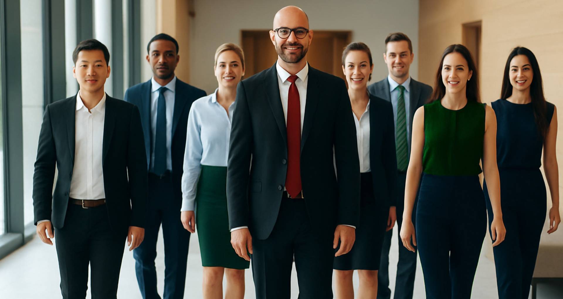 A corporate team walking through an office corridor in Uniforms Fashion tailored suits