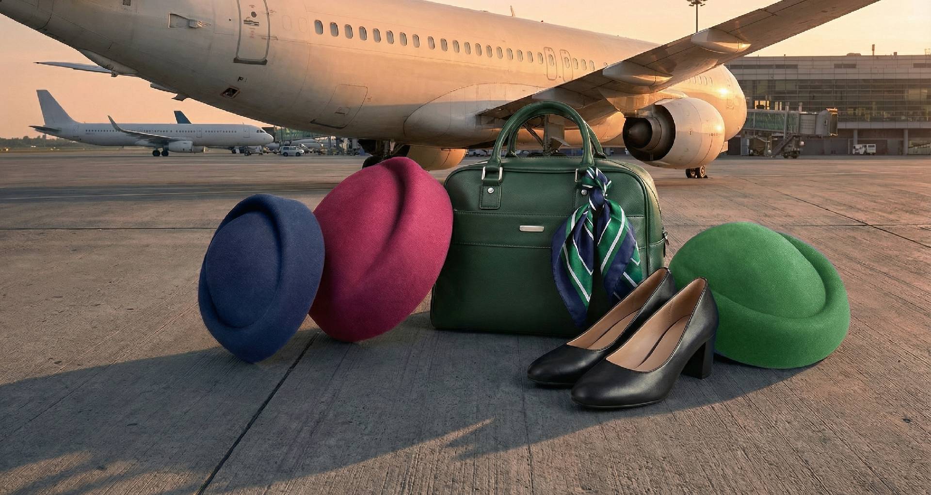 Uniforms Fashion tailored hostess berets in navy, rose, and green displayed on an airport tarmac