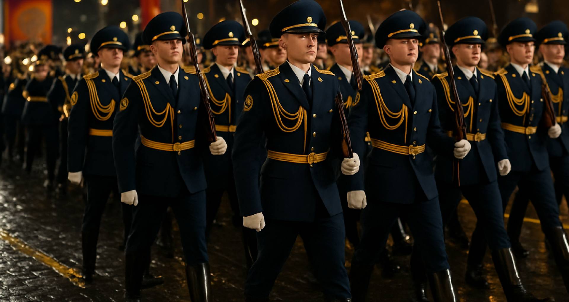 An honor guard marching in Uniforms Fashion tailored ceremonial dress uniforms with gold braid