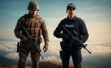 Camouflage field fabric and a navy police duty shirt laid out with regulation insignia