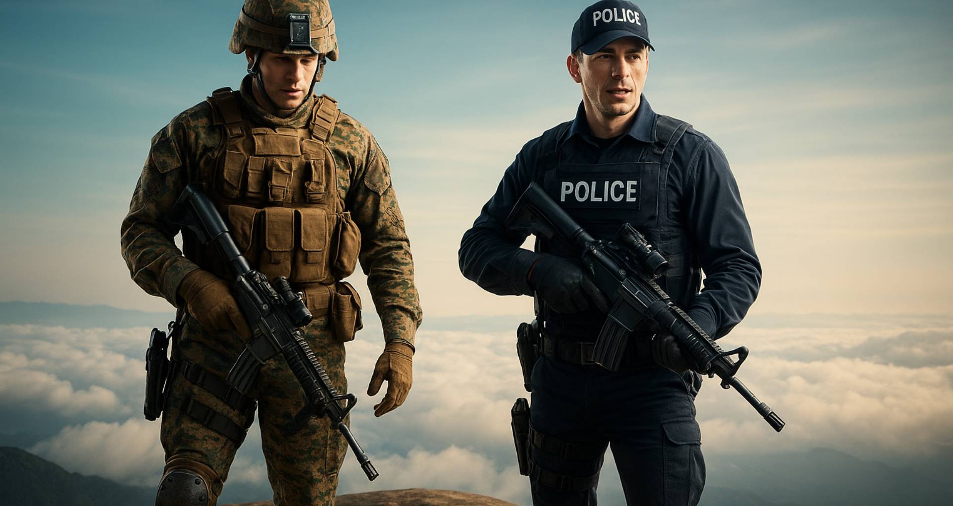 A soldier in camouflage tactical gear and a police officer in a navy duty uniform standing side by side