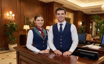A hospitality waistcoat and apron in navy on a form beside fabric swatches under warm light