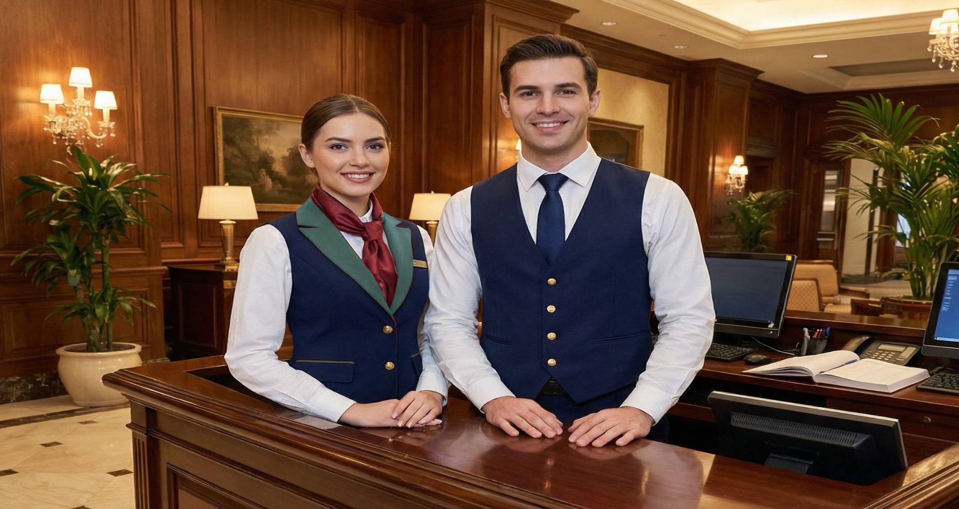 A hotel receptionist and concierge in tailored navy hospitality vests standing at a wood-paneled front desk